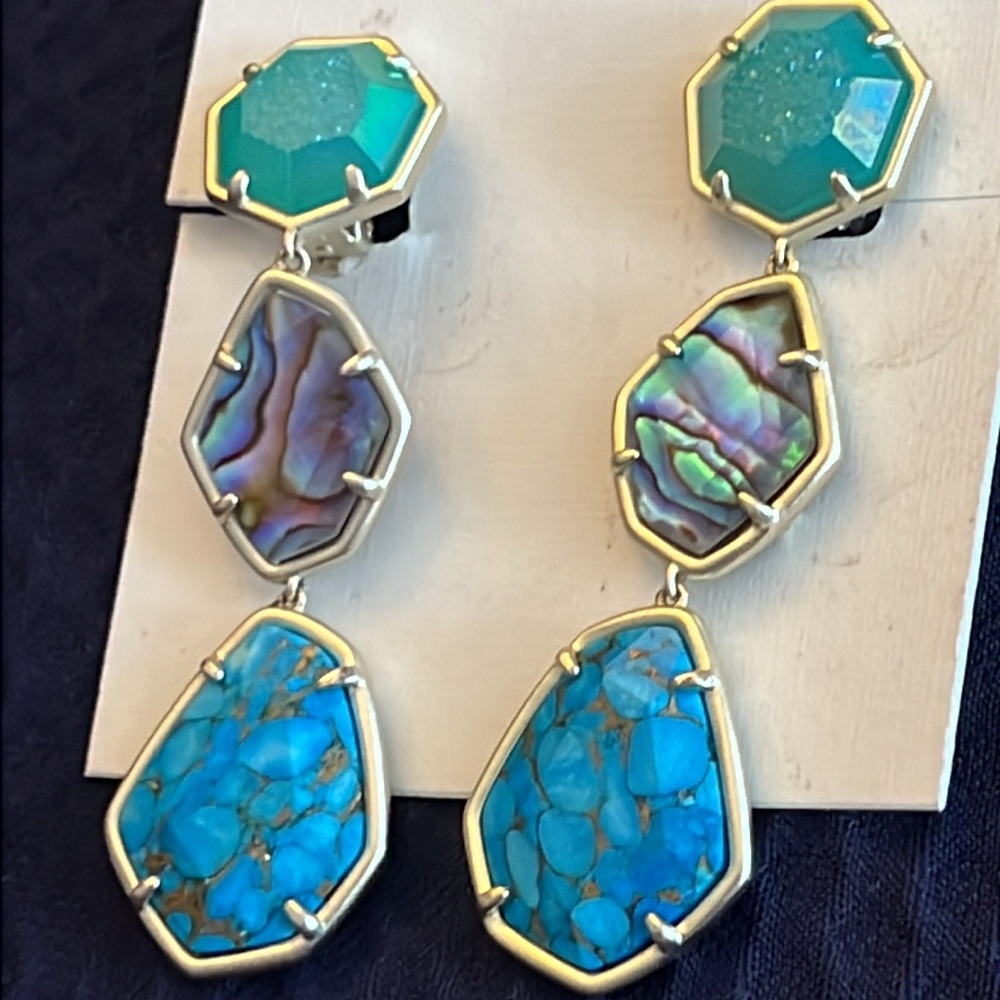 KENDRA SCOTT Nina Linear Matte Dangle Clip Earrings With Blue Mix Stones NWT - Picture 3 of 7